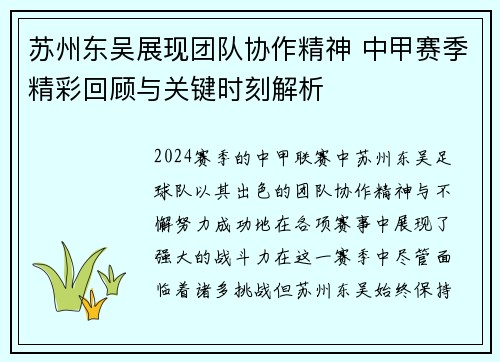 苏州东吴展现团队协作精神 中甲赛季精彩回顾与关键时刻解析